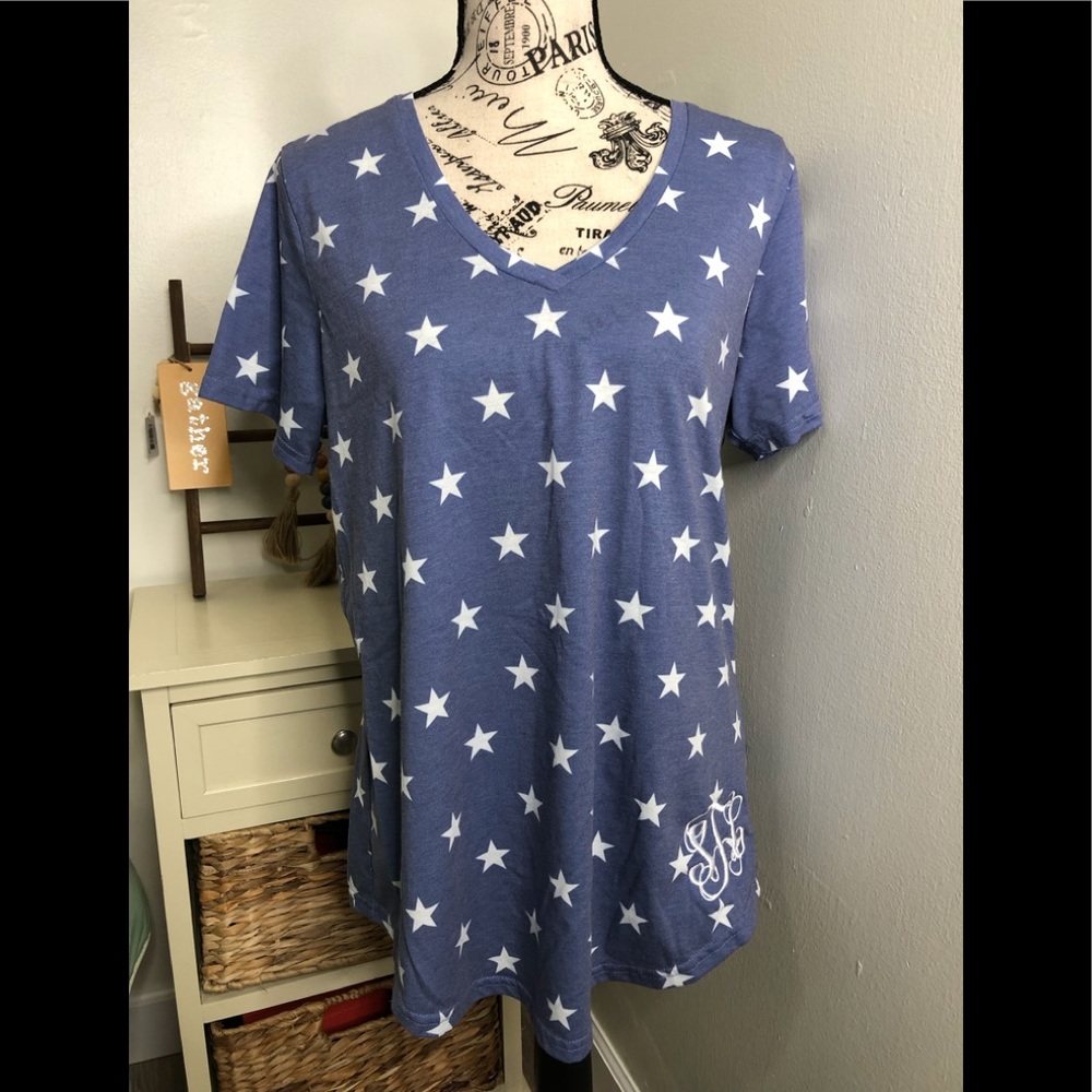 Jordann Monogram Blue & White Stars V-Neck Top